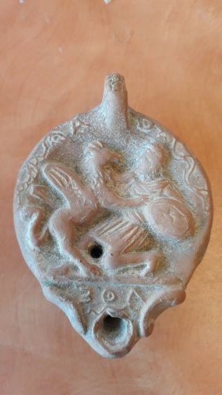 Ancient Greek Roman Terracotta Pottery Oil Lamp? Arimaspi Griffin Battle?