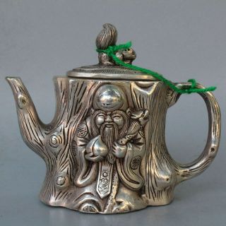 Tibet Collectable Handwork Miao Silver Carve Wealthy God Tree Auspicious Tea Pot