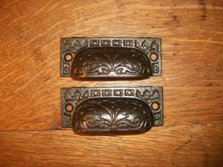 Two Ornate Victorian Cast Iron Drawer Bin Door Pulls Handles 5