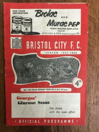 Bristol City V Ipswich Town Programme 15 Mar Div 2 1957 - 58 Rare