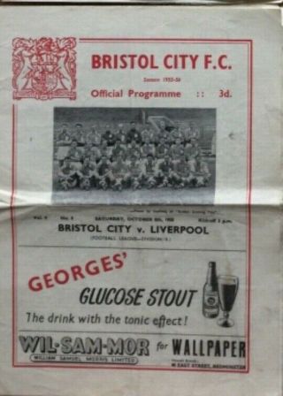Bristol City V Liverpool Programme 8 Oct 1955 - 56 Div 2 Rare