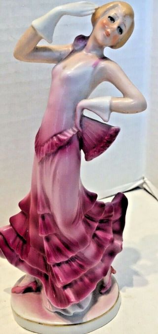 Art Deco German Porcelain Bob Haired Figurine In Evening Dress W/ Fan 8719