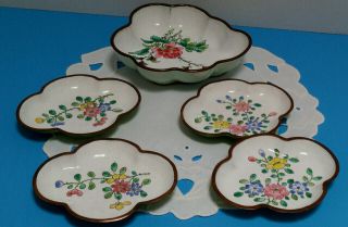 Antique 5 Pc Chinese Snack Nut Bowl Set Enamel Over Copper Floral Hand Painted