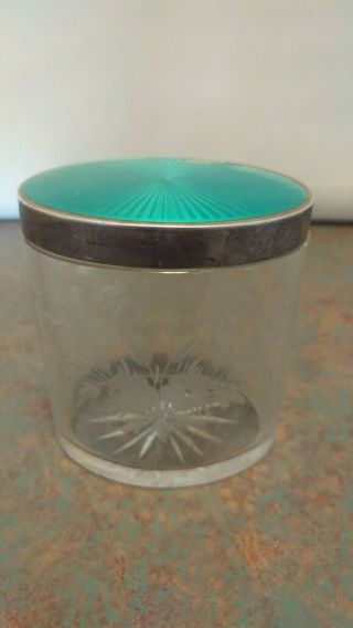 Antique Vanity Jar Cut Crystal With Sterling Silver And Teal Enamel