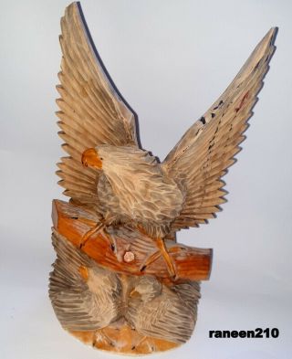 Large Vintage Hand Carved Wooden Eagle &two Baby Eagles Statue Figurine Rare