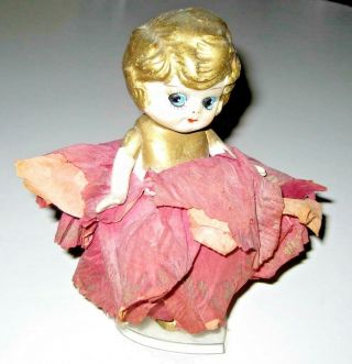 1920s Antique Bisque Kewpie Doll W/ Flower Pedal Crape Paper Flapper Dress