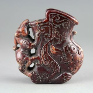2.  3  Chinese Old Red Jade Hand - Carved Dragon Wine Cup Statue Pendant 0716
