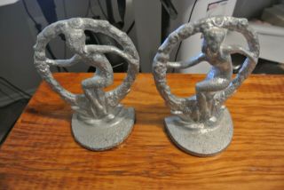 Vintage Art Deco Nude Lady Cast Iron Bookends Stamped 16 Painted Silver