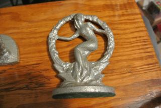 Vintage Art Deco Nude Lady Cast Iron Bookends Stamped 16 Painted Silver 3