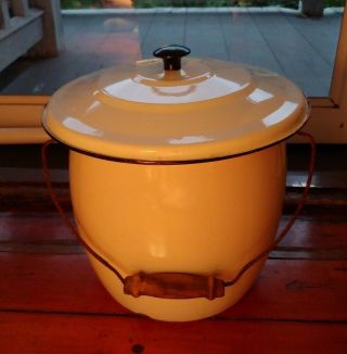 Vintage White Enamel Ware Bucket Diaper Pail W/ Handle Chamber Pot W/ Black Trim