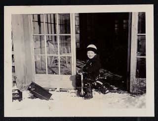 Antique Vintage Photograph Cute Little Child Sitting On Tricycle In Snow