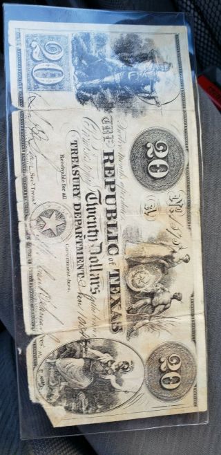 1839 $20 Republic Of Texas Red Back Note Bill Currency Money Rare Discontinued