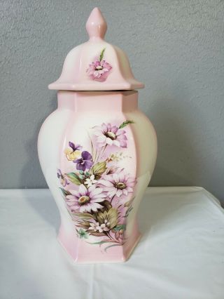Vintage Pink Floral Ceramic Urn/memento Jar - 10.  5 Inches