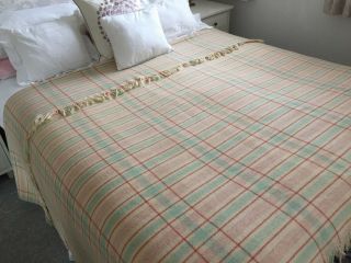 Vintage Welsh Wool Blanket Throw Cream Green & Orange 71x91 "