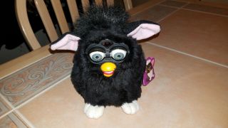 1998 Furby Black With White Feet And Rare Gray Eyes Tag Attached Missing Screw