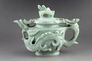 6.  1  Chinese Natural Green Jade Hand - Carved Dragons Statue Pot Collect Teapot