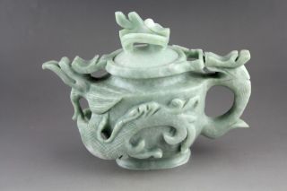 6.  1  Chinese natural green jade hand - carved dragons statue pot collect teapot 2