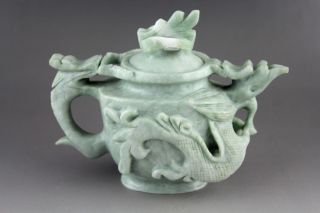 6.  1  Chinese natural green jade hand - carved dragons statue pot collect teapot 3
