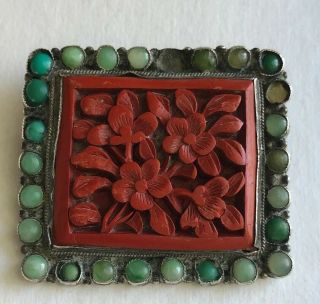 Vintage Antique Chinese Sterling Silver Carved Coral Jade Floral Brooch Pins