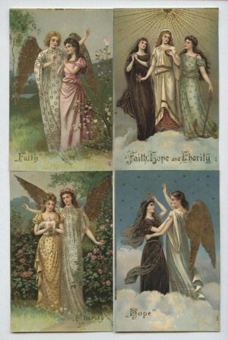 4 Antique Angel Postcards Faith Hope Charity Gold Embossed Christmas