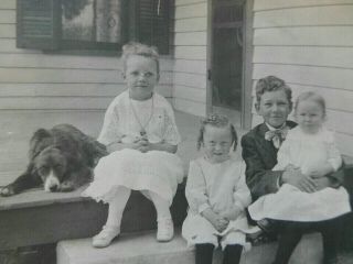 Rppc Adorable Children On Front Porch W Faithful Dog Antique Real Photo Postcard