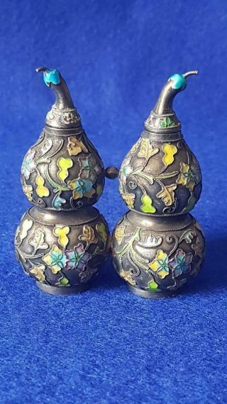 Rare Antique Chinese Sterling Silver Enamelled Twin Double Gourd Opium Bottle