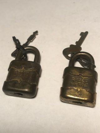 Two Reese Small Brass Padlocks With Keys Antique Vintage Made In Usa 2