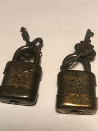 Two Reese Small brass padlocks with keys antique vintage Made in USA 2 2