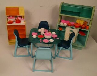 Vintage Barbie Dream House Furniture,  Table Chairs,  Stove,  Hutch Cabinet Dishes