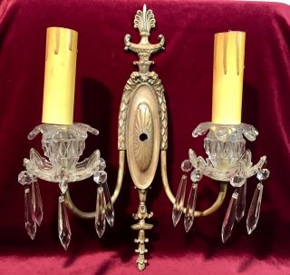 Antique Louis Xvi Wall Sconce Light Lamp France 19th Century Bronze & Crystal 1