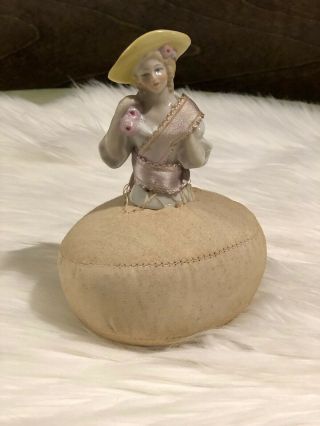 Antique Porcelain Half Doll Lady Pin Cushion Top Bust,  Woman In Hat.  Handmade