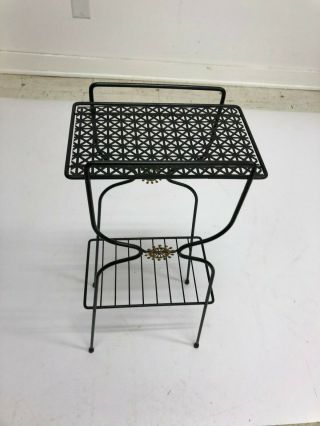 Vintage WIRE PLANT STAND mid century modern black metal rack side table 2 tier 2