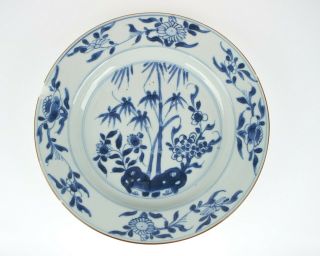 Antique 18thc.  Chinese Blue And White Bamboo And Flowers Porcelain Plate