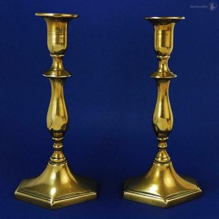 Stylish Pair Early 20th Century Brass Candlesticks Hexagonal Bases 25cm