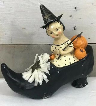 Nicol Sayre Halloween Witch In Shoe W/ Pumpkins Starry Angel Rare Collectible