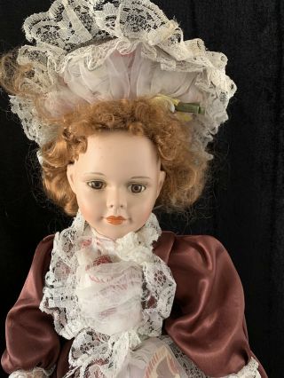 Vintage Porcelain Redhead Doll Floral Maroon Lace Dress Hat Approx 21/2 - 3 Foot