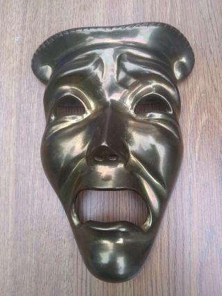 Antique Solid Brass Laugh Now Cry Later Drama Large Mask (Signed) Vintage Art 2