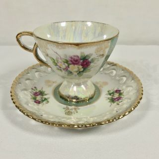 Vintage TILSO Japan Rose Pink Teal Gold Trim Tea Cup & Reticulated Saucer 3
