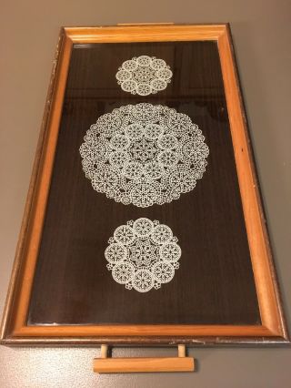Antique Vintage Wood With Glass 3 Doilies Design Large Serving Tray 21 X 11 "