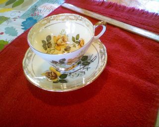 Royal Sutherland Teacup And Saucer Yellow Gold Flowers Bone China Teacup