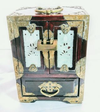 Jewelry Box Chest 8.  25 " Wooden Jade Inlay Vintage Chinese Brass Lock Silk Lining
