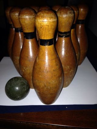 Antique Wooden Bowling Pin Game With 10 Wood Pins And Rubber Ball Vintage