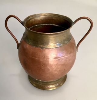Antique Hand Hammered Copper & Brass Urn Vase With 2 Handles Marked Belgium