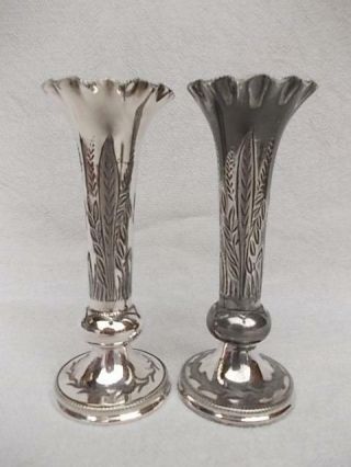 183 / 19th Century Britannia Metal Bud Vases With Wheat Ears Design