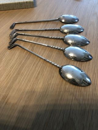 Set Of 4 Sterling Silver Golf Club Teaspoons And One Similar Individual Spoon