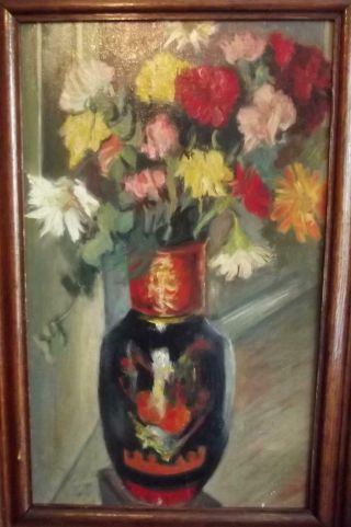 Mystery Antique French Impressionist Still Life Oil Painting Vase Of Flowers