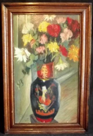 Mystery Antique French Impressionist STILL LIFE Oil Painting Vase of Flowers 2