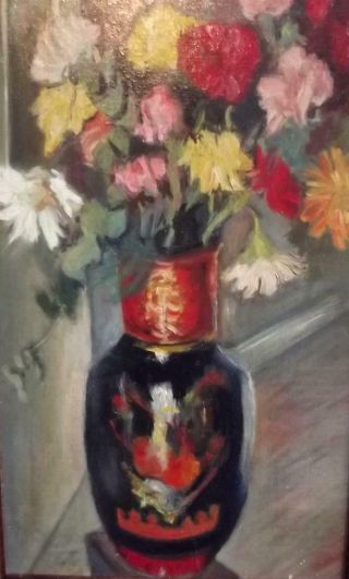 Mystery Antique French Impressionist STILL LIFE Oil Painting Vase of Flowers 3