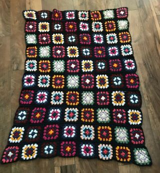 Vintage Granny Square Afghan Throw Flowers Blankets Multi Colored Black 55” X 40
