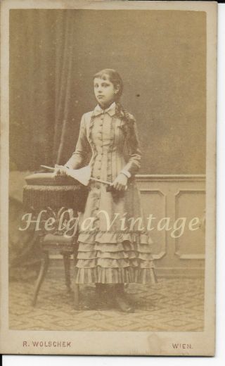 Antique Austrian Cdv/visit Card Young Girl With Umbrella R.  Wolschek Wien 1800s 
